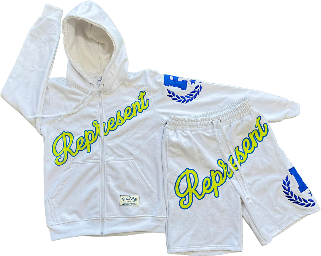 REPPN - Heavyweight Hoodie & Sweatshorts Set - White/Neon/Blue