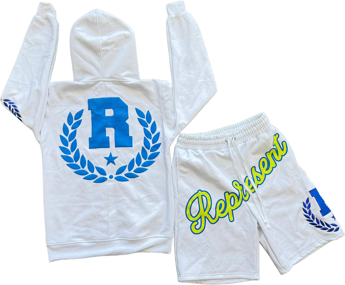REPPN - Heavyweight Hoodie & Sweatshorts Set - White/Neon/Blue