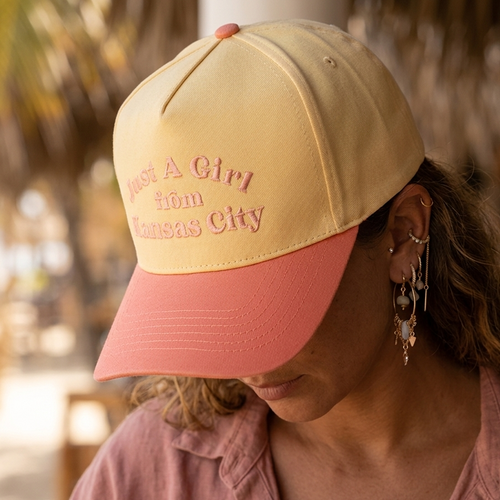Ladies Just A Girl from Kansas City Embroidered Hat - Cream/Pink